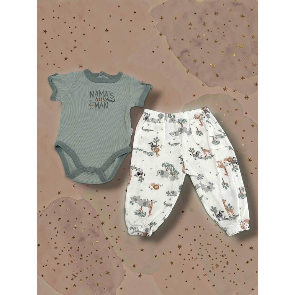 Tahari Baby Safari Animal Ribbed Bodysuit and Jogger Pant Set 3/6M
